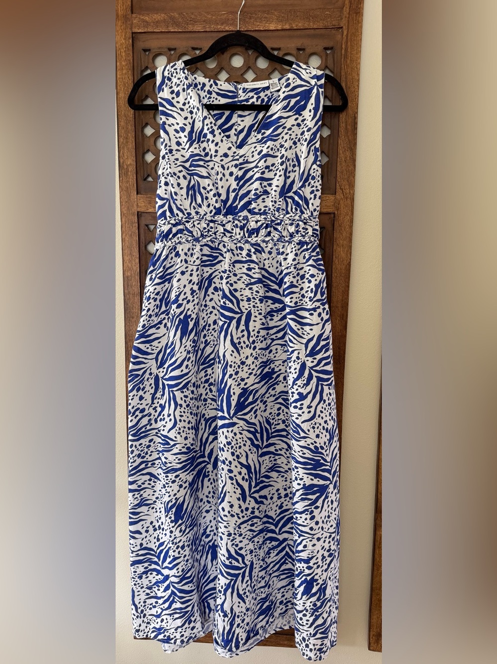 Sincerely Jules Blue White Abstract Print Midi Dress Linen Blend Size L
